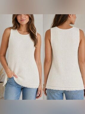 209 Wst 38 Ivory Knit Sleeveless Sweater Tank Top Fringe Hem Size XL Boho